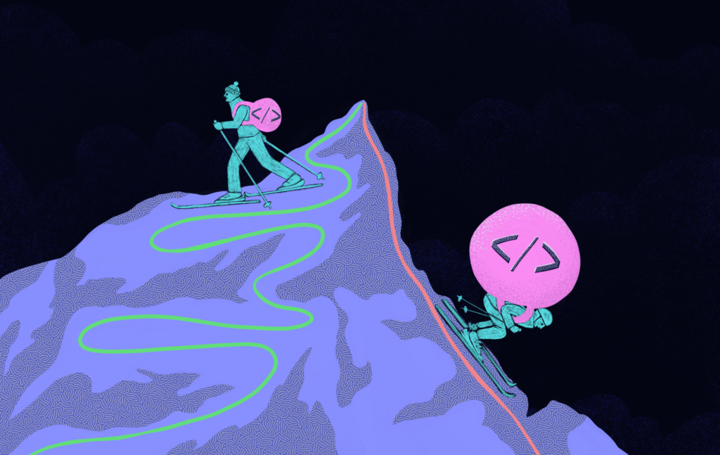 2 men walking on a mountain representing technical debt